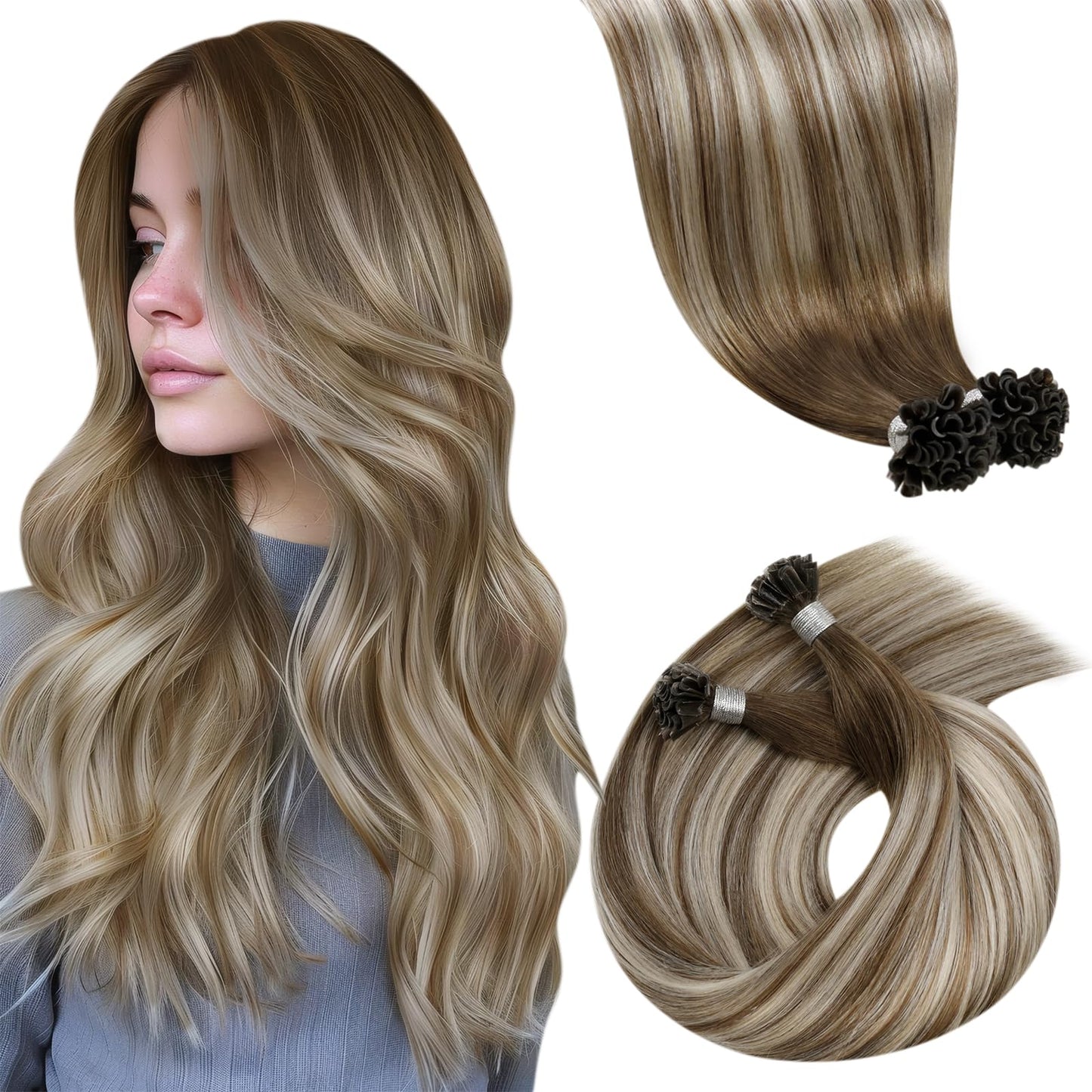 LaaVoo U Tip Hair Extensions Human Hair Balayage Ktip Human Hair Extensions Balayage Light Brown Mix Blonde Utip Hair Extensions