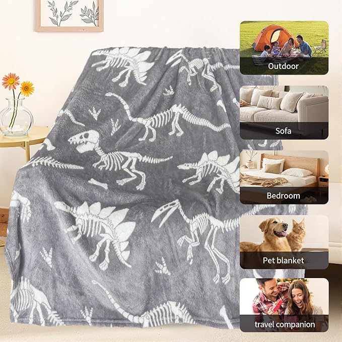 TEHALK Dinosaur Glow in The Dark Blanket for Boys/Girls/Toddler/Baby, Dinosaur Toys for Boy Age 3-12, Cute Funny Kids Throw Blanket for Birthday/Gifts 50"x 60"
