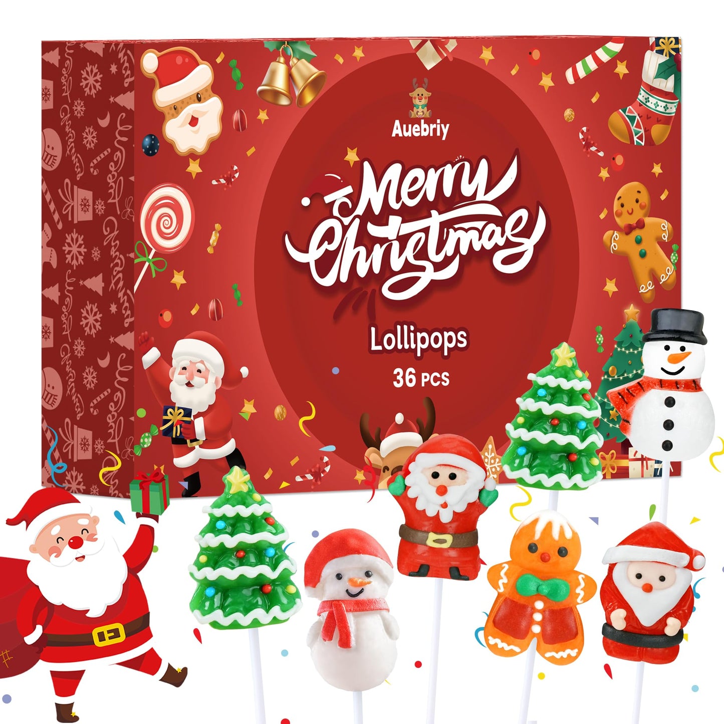 Auebriy Christmas Lollipops Suckers, 36 Count Fruit Flavored Christmas Candy Individually Wrapped Bulk with Gift Box, Snowman Ca