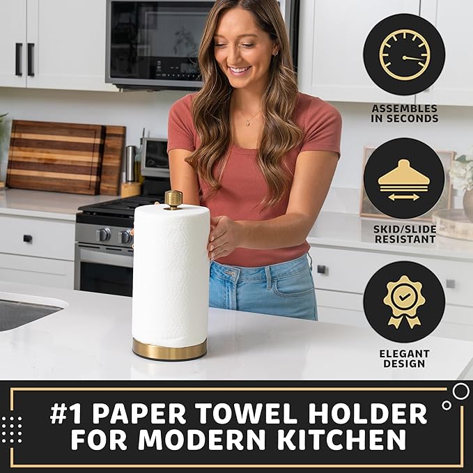 Dear Household Stainless Steel Paper Towel Holder Easy One-Handed Operation - This Sturdy Weighted Paper Towel Dispenser Countertop Model Has Suction Cups and Holds All Paper Towel Rolls - Gold