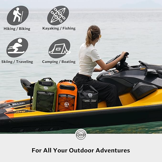STOVER 5/10/25/30/40/55L Waterproof Dry Backpack- Medium Floating Dry Bag for Kayaking, Travel, Tubing, Hiking, Fishing, Camping, Motorcycles & the Beach, Heavy-Duty Roll Top Men/Women (Orange)