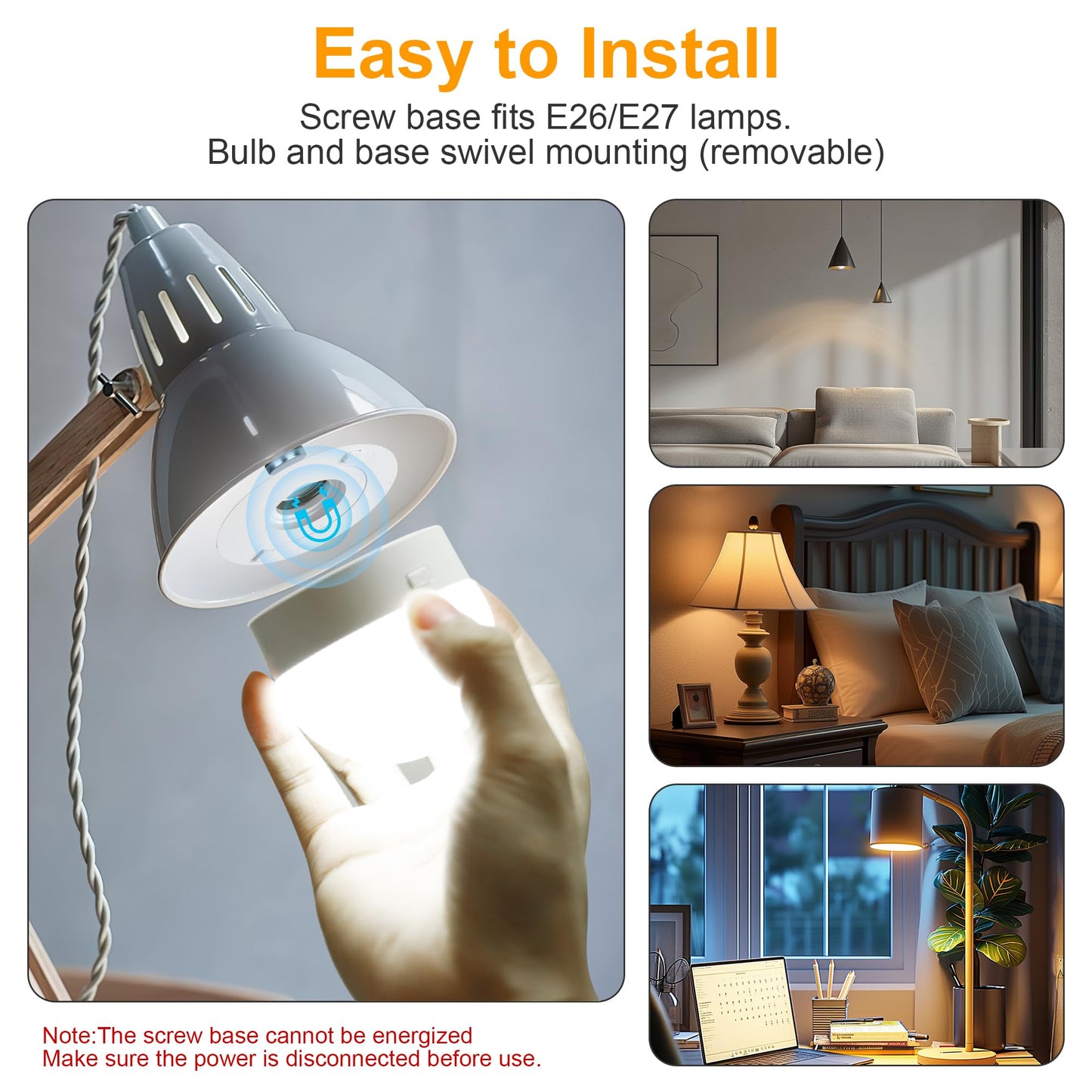 Rechargeable Battery Operated Light Bulbs, E26 Screw in (Magnetic Detachable) Light Bulb for Lamps with Remote Control Dimmable＆Timer, Wireless Puck Emergency Lamp for Non-Hardwired Wall Sconce