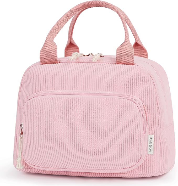 HOMESPON Lunch Bag for Women Men Adults with Front Pocket Cute Corduroy Insulated Lunch Tote Large Capacity Lunch Box Cooler Container for Work Picnic or Travel (Pink)