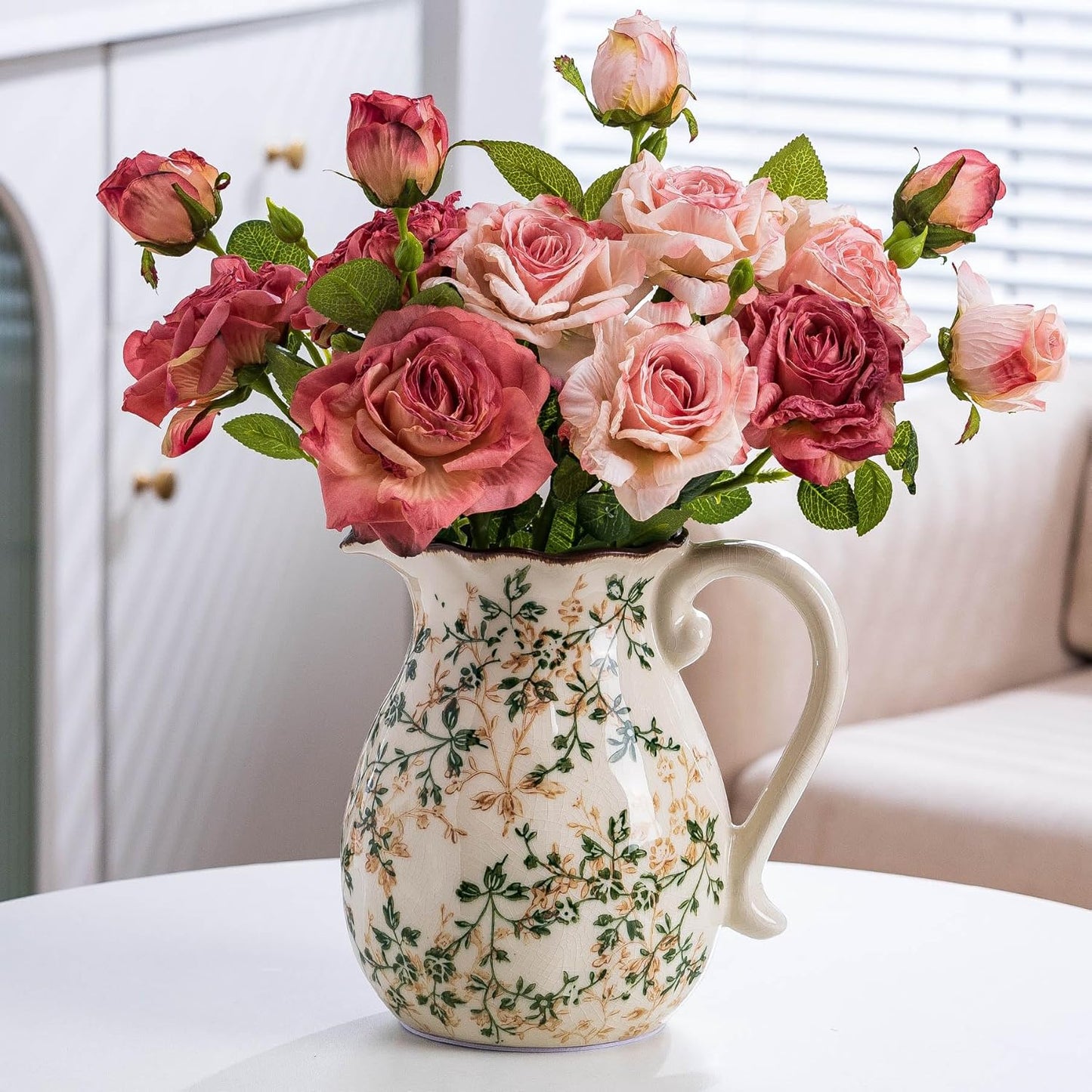 Green and White Vintage Vase with Handle, Chinoiserie Floral Pitcher Vase, Rustic Ceramic Farmhouse Vases for Home Decor, Living Room, Bookshelf, Office, Grand Millennial Decors, Tuscan Decor 7.9 Inch
