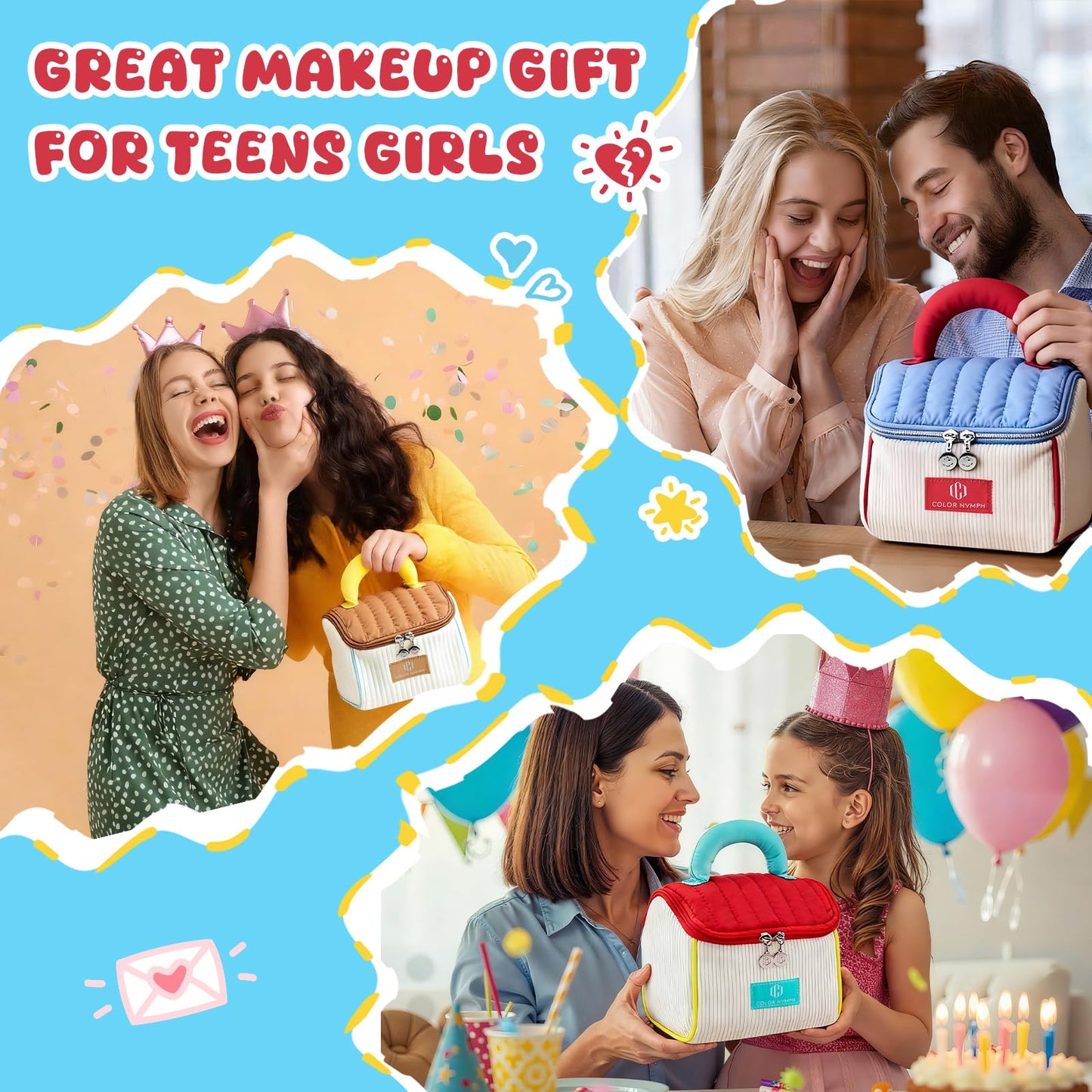Color Nymph Makeup Sets For Teens Girls with Cutie Pie Handbag, All In One Girls Makeup Kits for Girl Women Full Kit Included Eyeshadow Blush Contour Highlighter Lipgloss Mascara Eyeliner and Mirror