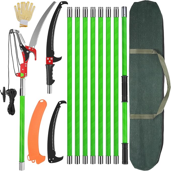 30 Ft Manual Pole Saw, Extendable Tree Pruner Blade and Scissors Set with 9 Fiberglass Handles, Long Branch Pruner Retract...