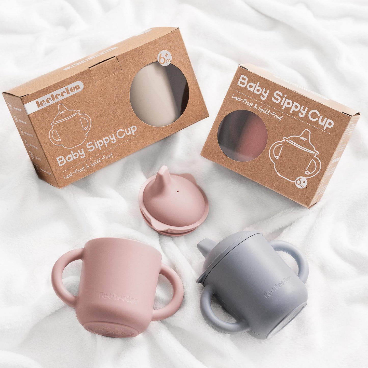 Leeleelon® Silicone Sippy Cups for Baby, Leak-Proof Sippy Cups for Baby & Toddler with Handles, Soft Spout Sippy Cup for Infants, 6+ Months, 6oz/180ml (Pack of 2)