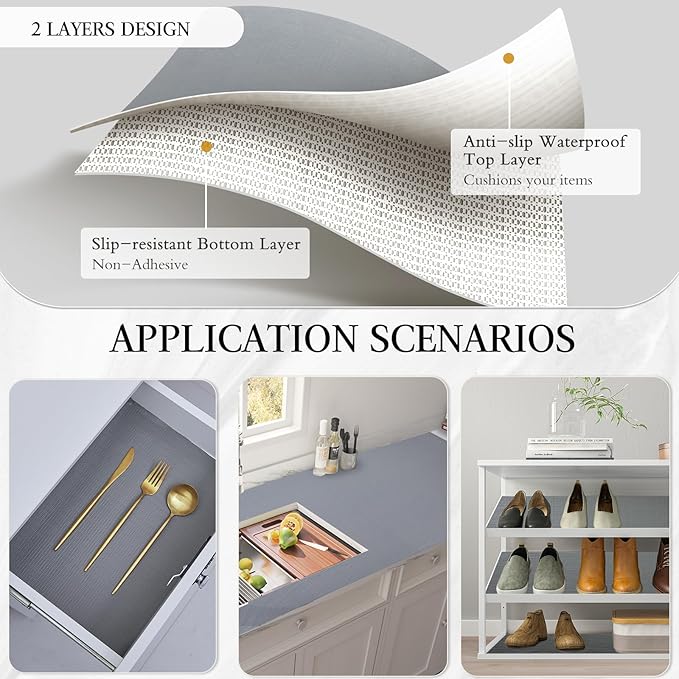 Beautysaid Shelf and Drawer Liner for Kitchen Cabinet, Non Adhesive Non Slip Shelf Paper Waterproof Washable Thickened for Dresser Pantry Shelve Bathroom Protector Liner(Gray,23.6 in x 10 FT)