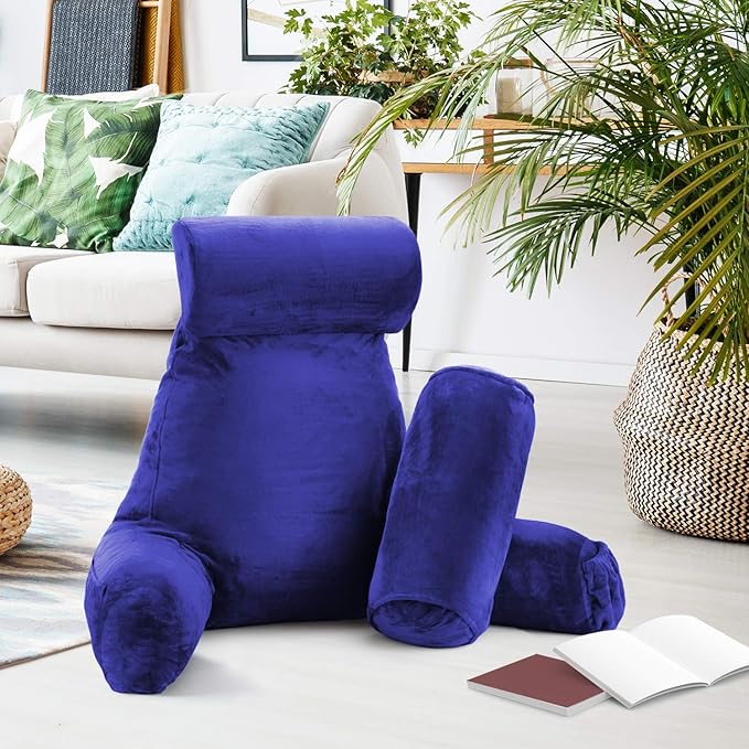 Nestl Reading Pillow Large Bed Pillow, Back Pillow for Sitting in Bed Shredded Memory Foam Chair Pillow, Reading & Bed Rest Pillows Royal Blue Back Pillow for Bed, Bed Chair Arm Pillow with Pockets