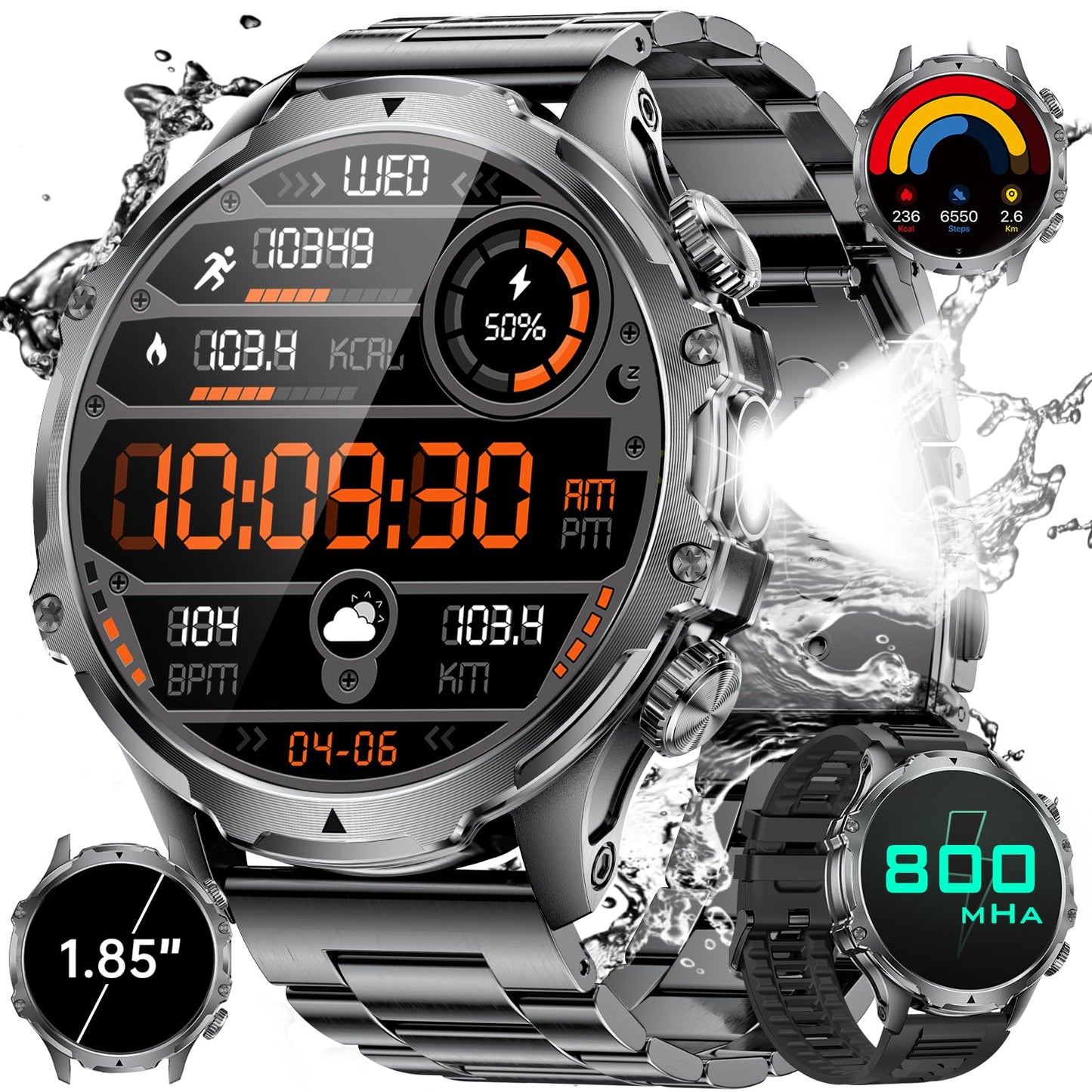 HIRREO Military Smart Watch for Men, 1.85'' HD Large Screen Smartwatch, Flashlight/IP68 Waterproof/800mAh/Pedometer/100+ Sports Fitness Tracker, Mens Smart Watches for Android iPhone Compatible