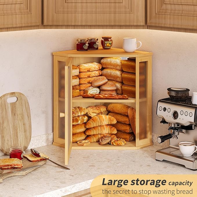 Corner Bread Box for Kitchen Countertop,Bread Storage for Homemade Bread, Double Layer Large Bamboo Kitchen Storage Bin with Window (Natural, Large)