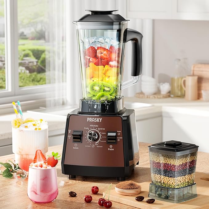 Blender, Smoothie Blenders, PRASKY Max.2400Watts/1000Watts Kitchen Blender and Grinder Combo 25000RPM Powerful Kitchen 68oz BPA Free 2 Containers Countertop Blenders Ice Crushing (Brown)