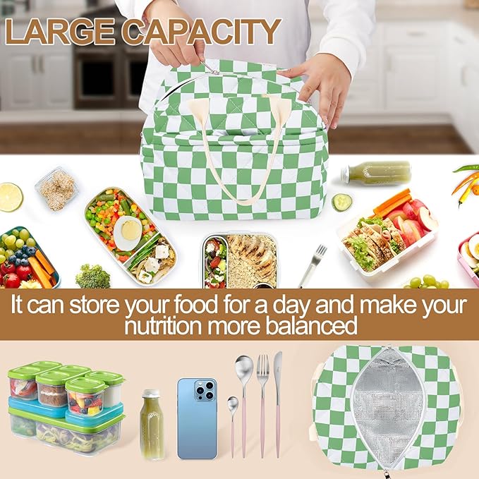Cotton Quilted Insulated Lunch Bag, Cute Quilted Floral Lunch Tote Bags Reusable Insulated Lunch Box Coquette Aesthetic Large Capacity Insulated Cooler for Women Work Travel Picnic (Checkered Green)