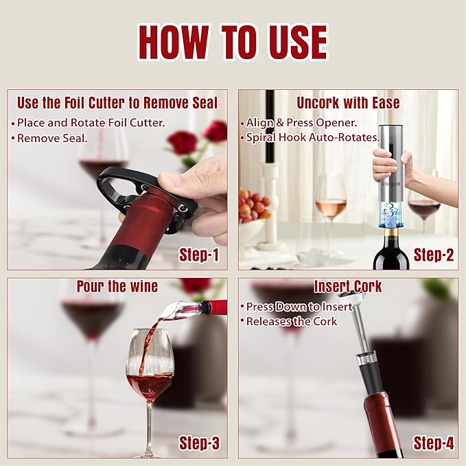 BRIGHTX Premium Electric Wine Bottle Opener Gift Set – Rechargeable Cork Screw with Foil Cutter & Charging Base – Automatic Cork Remover, Wine Accessories Kit | Best Wine Gifts for Wine Lovers, Women