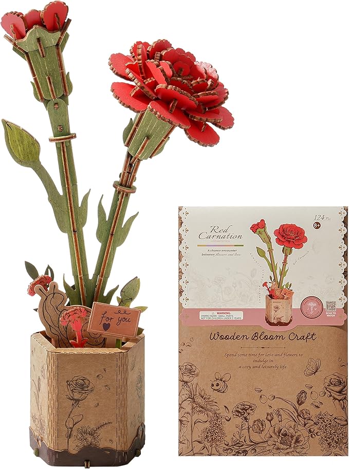 3D Flower Wooden Puzzles for Adults-Red Carnation, DIY Wooden Flowers Model Kit Building Set Crafts for Adults to Build, Botanical Collection/Ideal Creative Gift Ideas/Housewarming (124PCS)