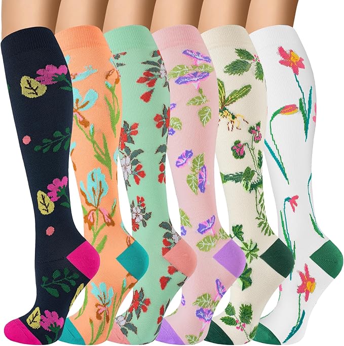 OUIVIAL 6 Pairs Compression Socks for Women Men 20-30mmhg Graduated Support Knee High Socks for Nurse Travel Flight