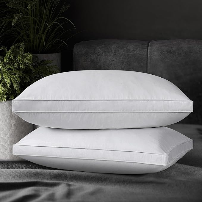 UNIKOME Goose Down Feather Pillows with 100% Cotton Cover, Set of 2 Gusseted Bed Hotel Collection Pillows for Sleeping, Queen Size