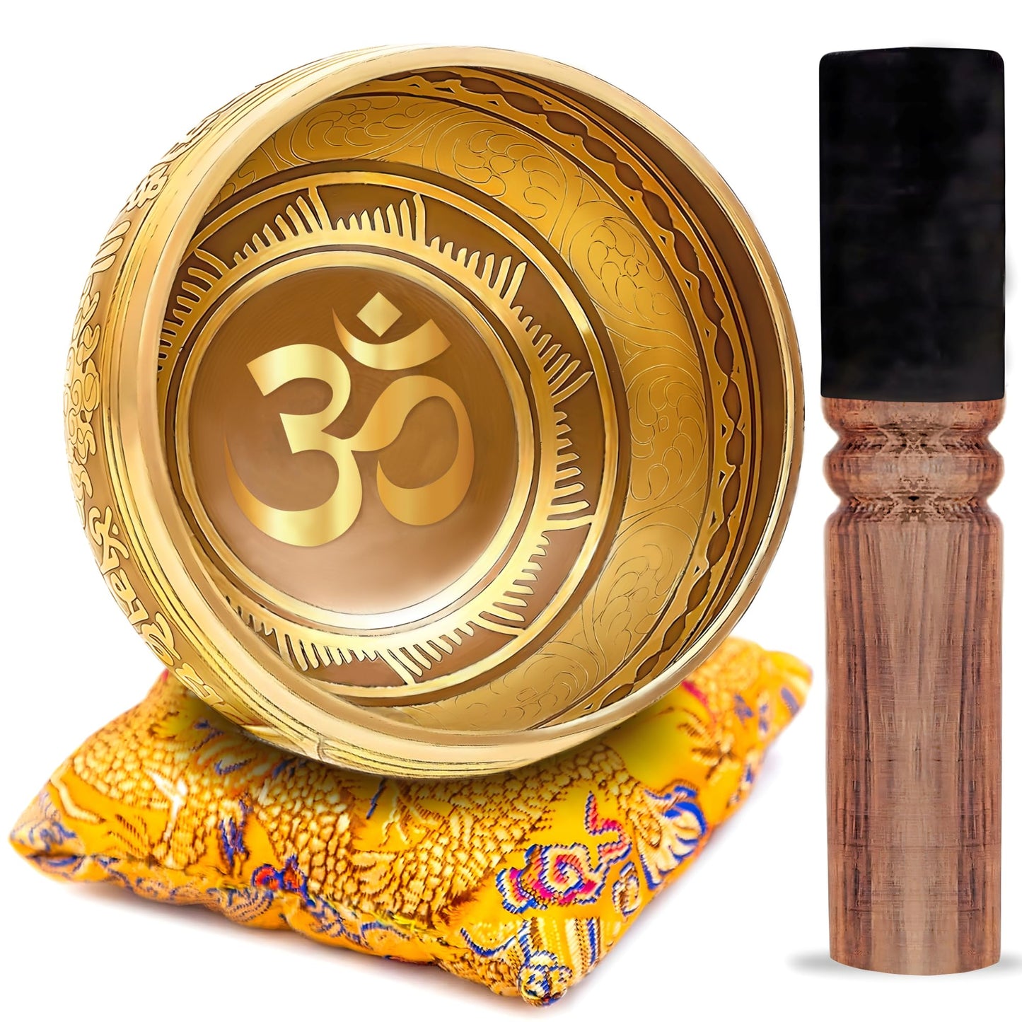 Tibetan Singing Bowl Set - Bronze Master Grade With Pure Tone & Thangka Art - Handmade In Nepal By Himalayan Bazaar (Gold & Yell