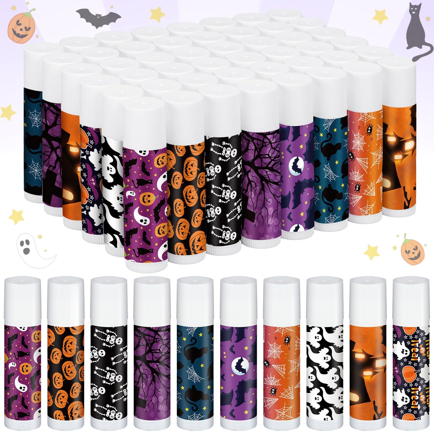 Siifert 50 Pcs Halloween Lip Balm Gifts Bulk Pumpkin Ghost Black Cat Skull Lip Balm Favors 10 Styles Honey Flavor Spooky Party S