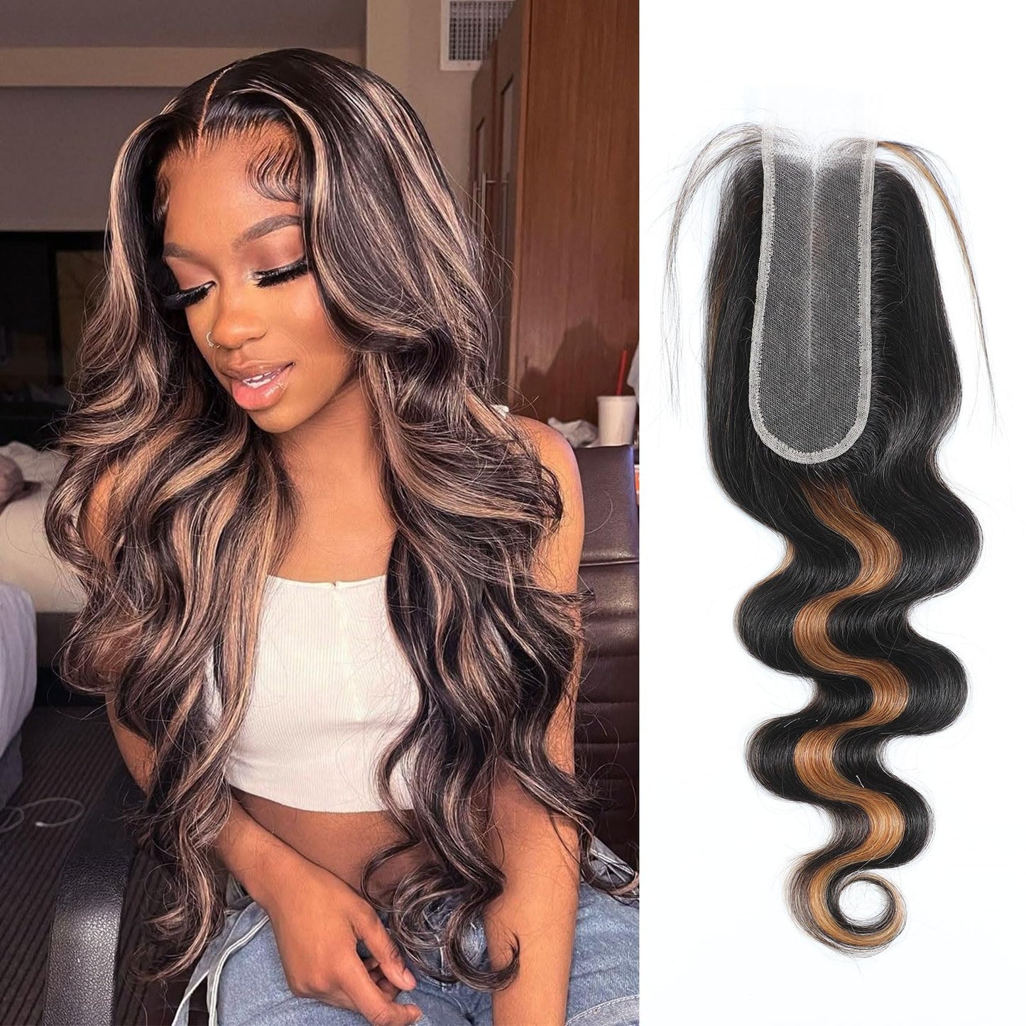DSEKCAIN 2x6 HD Lace Closure Human Hair Body Wave P1B/30 Highlight Brown Black Color Transparent Lace Closure 2x6 Long Deep Midd