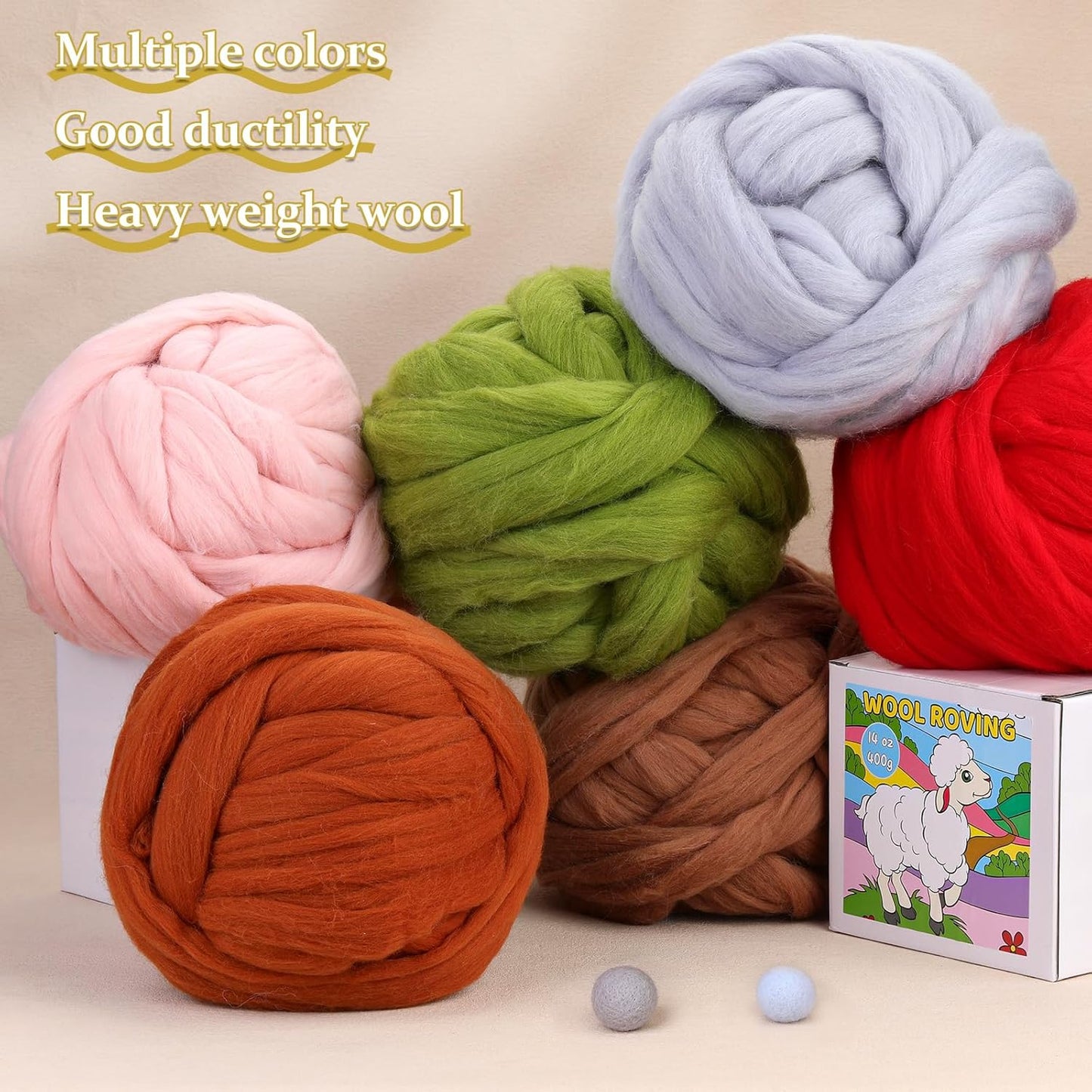 QMNNMA 14.1oz Wool Roving Yarn, Fiber Roving Wool Top, Chunky Yarn, Handmade Carded Core Wool for Felting, Wet Felting DIY Hand Spinning