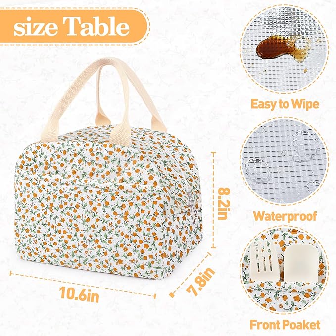 Cotton Quilted Insulated Lunch Bag, Cute Quilted Floral Lunch Tote Bags Reusable Insulated Lunch Box Coquette Aesthetic Large Capacity Insulated Cooler for Women Work Travel Picnic (Orange Flower)