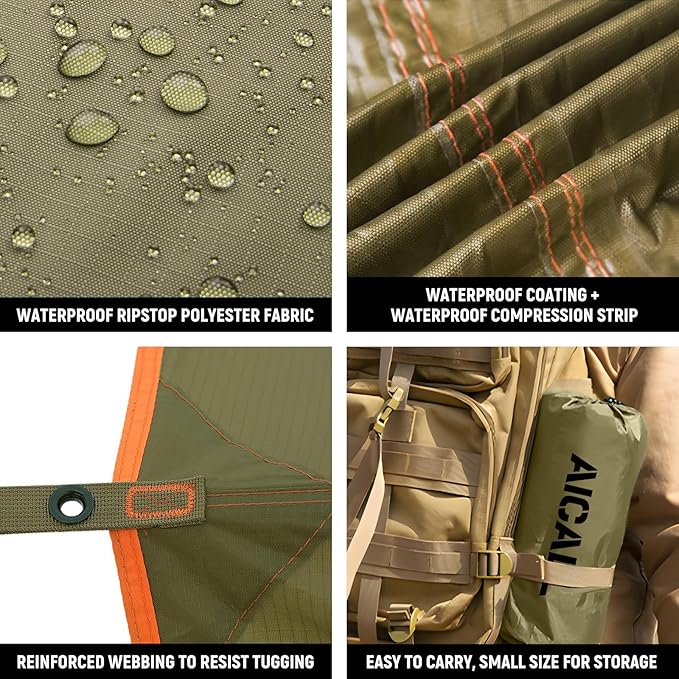 Camping Tarp Waterproof 3m x 3.2m Large Tent Tarp Portable Tarpaulin Anti-UV Shelter Sun Block Sunshade Awning for Camping Hiking Traveling Outdoor Sports (Olive)