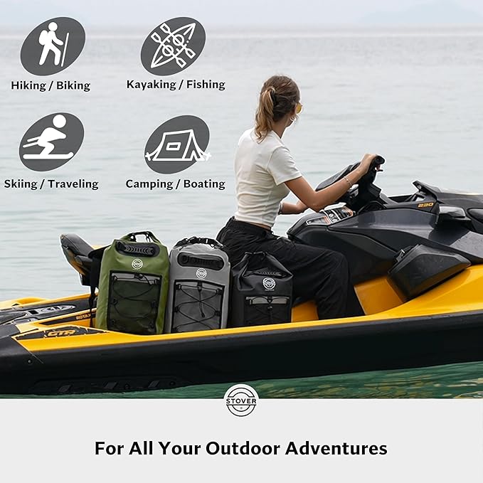 STOVER 5/10/25/30/40/55L Waterproof Dry Backpack- Medium Floating Dry Bag for Kayaking, Travel, Tubing, Hiking, Fishing, Camping, Motorcycles & Beach, Heavy-Duty Roll Top Men/Women (Black)