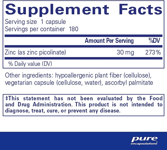 Pure Encapsulations Zinc 30 mg - Supplement for Immune System Support, Growth and Development, and Wound Healing* - with Zinc Picolinate 30 mg - 180 Capsules