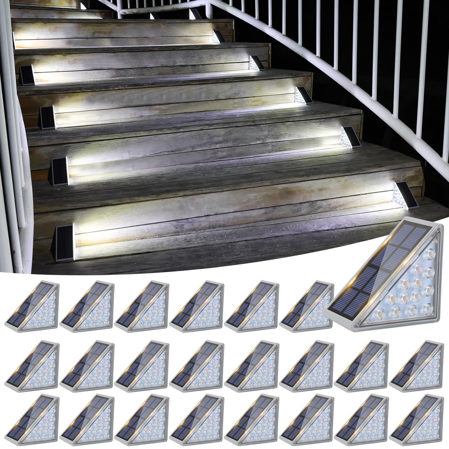 VOLISUN Solar Stair Lights, Waterproof IP67, 24 Pack, 13 LEDs, Cool White, Outdoor Step Lighting Decor, Model 21447ZM