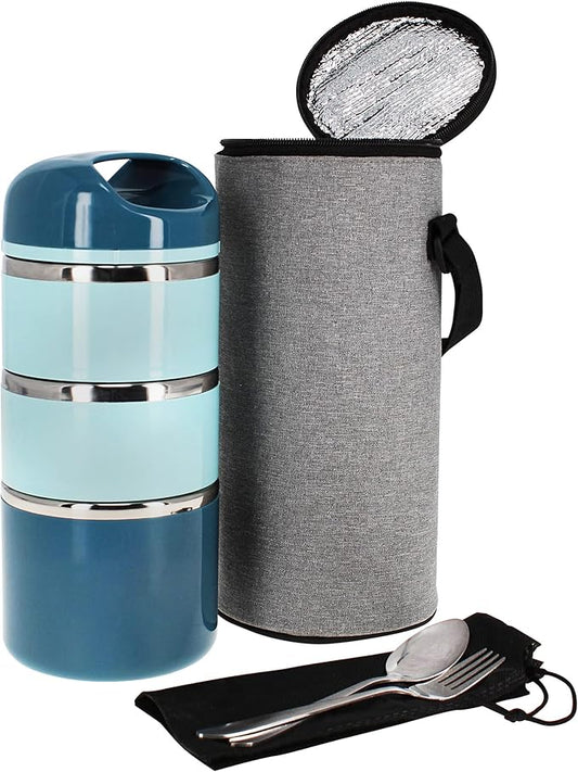 7Penn Insulated Lunch Box Containers 43 oz Capacity - 3 Tier Stackable Stainless Steel Thermal Lunch Box - Keep Warm Cylinder Adult Portable Insulated Lunch Container Set for Hot Food on the Go