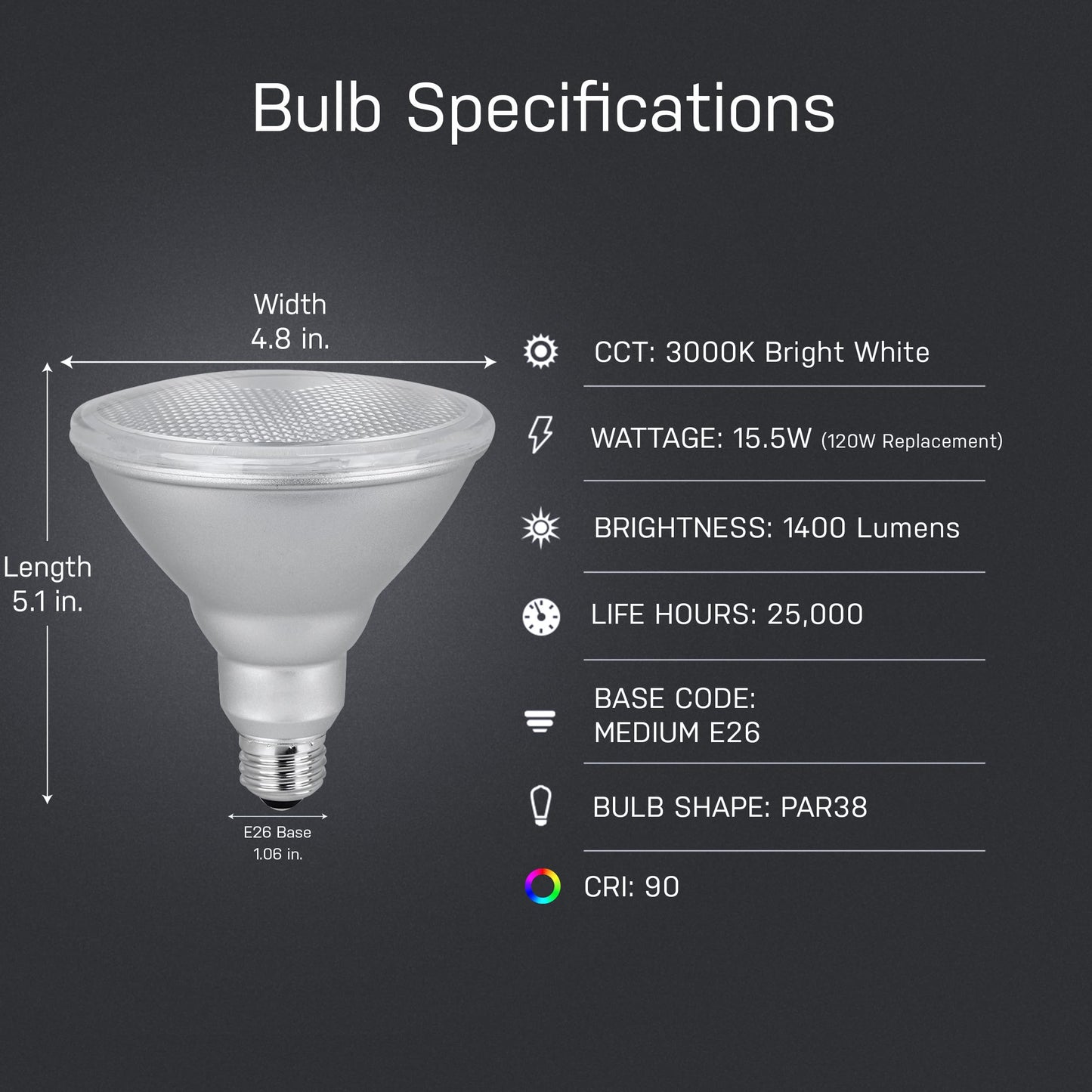 Feit Electric PAR38 LED Bulb, 120W Equivalent, Non Dimmable, 3000k Bright White, 1400 Lumens, 22 Year Lifespan, E26 Base, PAR38 Flood Light Bulb, CRI 90, Damp Rated, 1 Pack, PAR38DM/1400/930CA