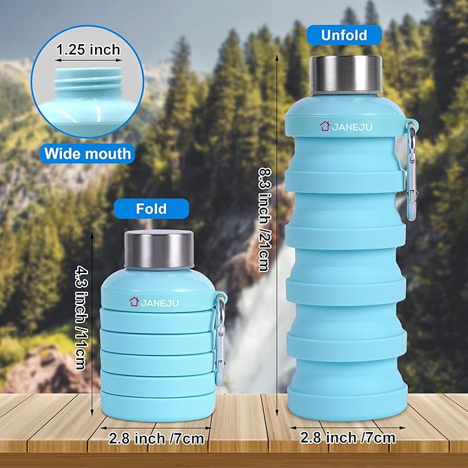 JaneJu Collapsible Water Bottle, 17oz BPA Free Silicone Reusable Portable Lightweight Foldable Water Bottles with Carabiner, Portable Leak Proof Sports Water Bottle (Navi Blue)