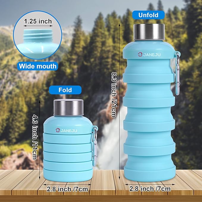 JaneJu Collapsible Water Bottle, 17oz BPA Free Silicone Reusable Portable Lightweight Foldable Water Bottles with Carabiner, Portable Leak Proof Sports Water Bottle (White)