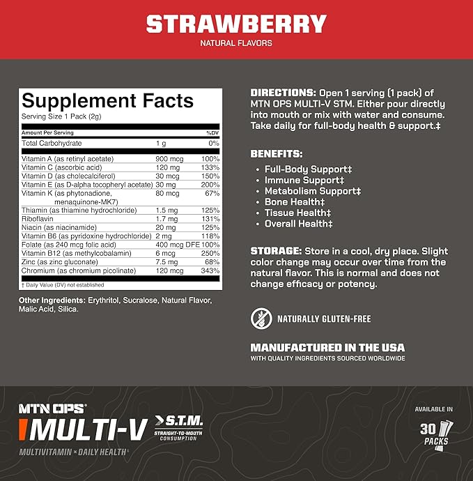 MTN OPS Multi-V, Daily Multivitamin for Women & Men with Immune Support, Safe for Kids, Gluten Free STM Packs, Variety of Flavors, 30 Servings