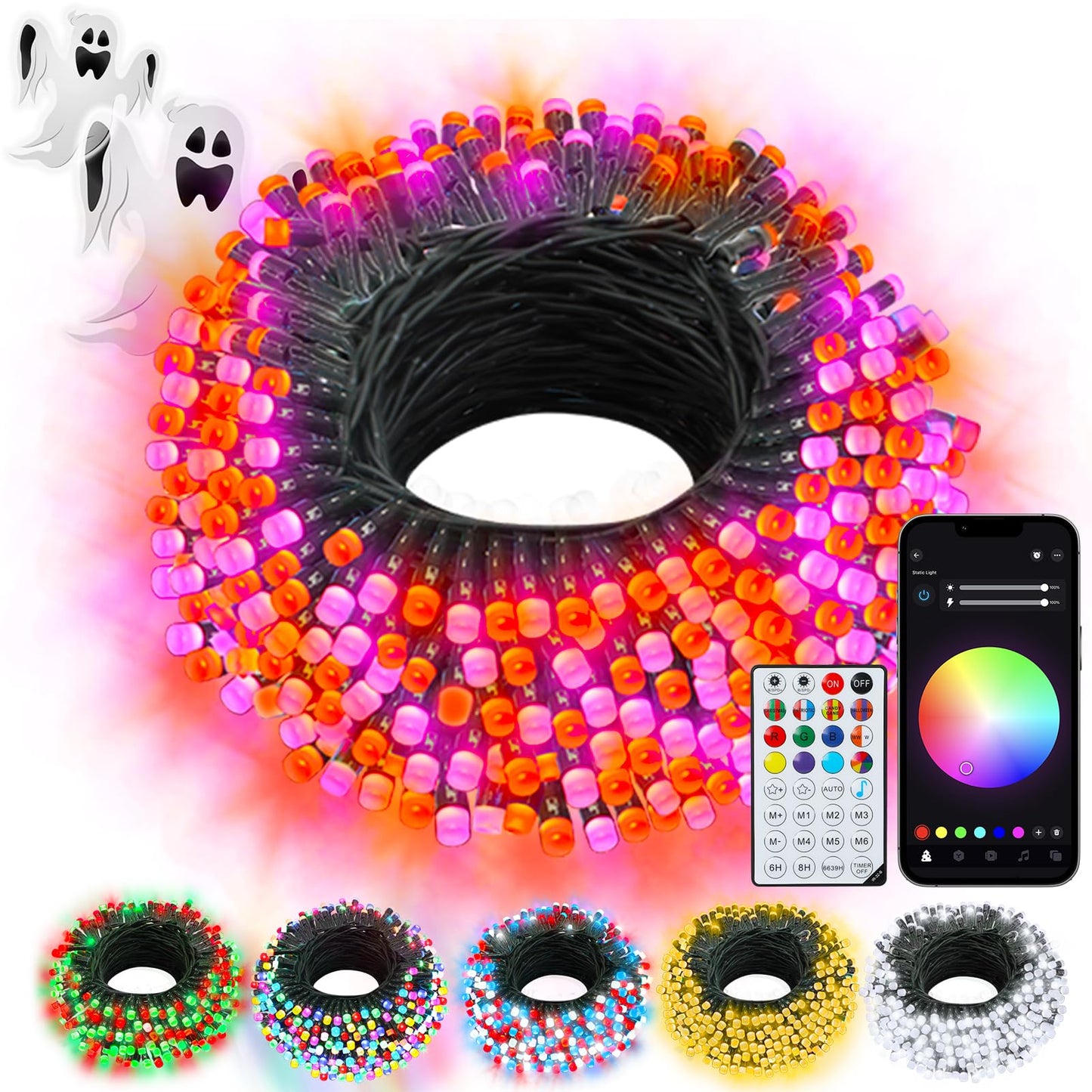 echosari Smart String Lights, 100 LED RGB Color Changing, 33 Ft Dark Green Cable, Remote & App Control, Music Sync