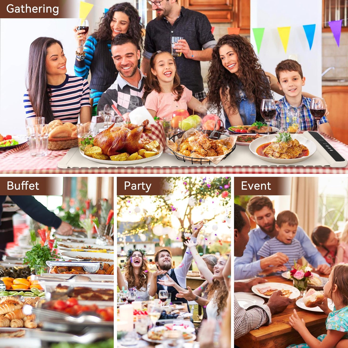 Food Warming Mat, Electric Warming Tray for Parties & Buffets with 3 Temperature & Fast Heating, Electric Food Warmer Mat, Foldable Silicone Heating Mat