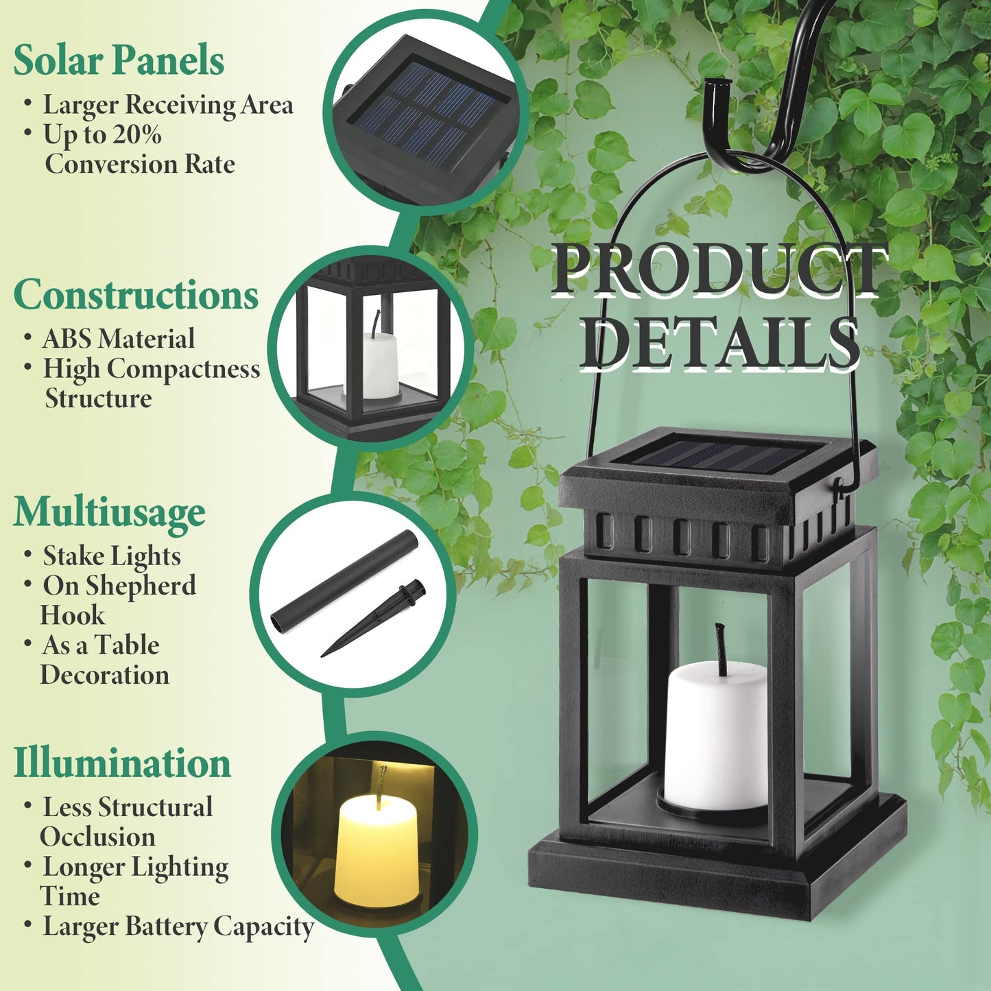 Solpex Solar Lanterns Outdoor - 8 Pack Led Hanging Lights, Waterproof, Candle Effect, Black, 3.5X3.5X16.2, Model 8374-X