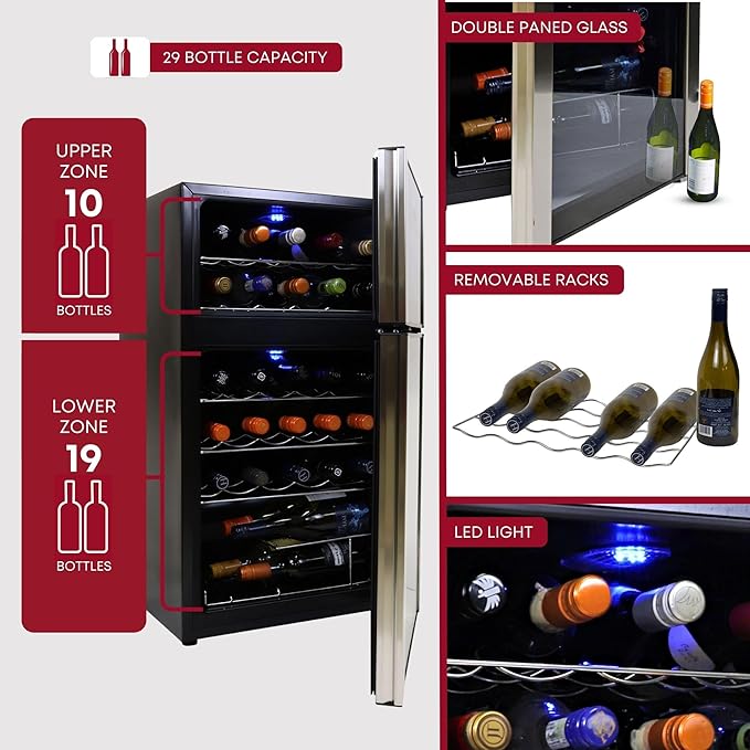 Koolatron 29 Bottle Wine Fridge – Wine Cooler with Glass Door, 3 cu. ft (86 L), Beverage Can Refrigerator, Digital Temperature Control/Dual Temperature Zone, Ideal for Red, White & Sparkling Wine