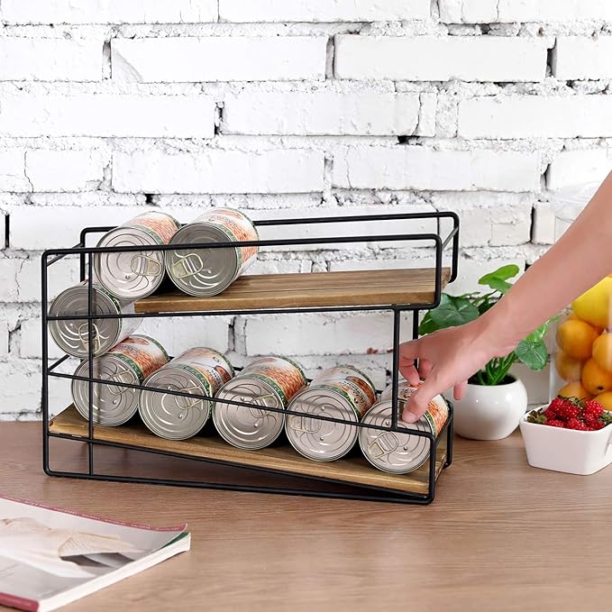 MyGift 2 Tier Rustic Solid Burnt Wood Front Loading Can Dispenser Rack with Black Metal Wire Frame for Canned Food, Soda Pop, Pantry Storage Organizer Rack