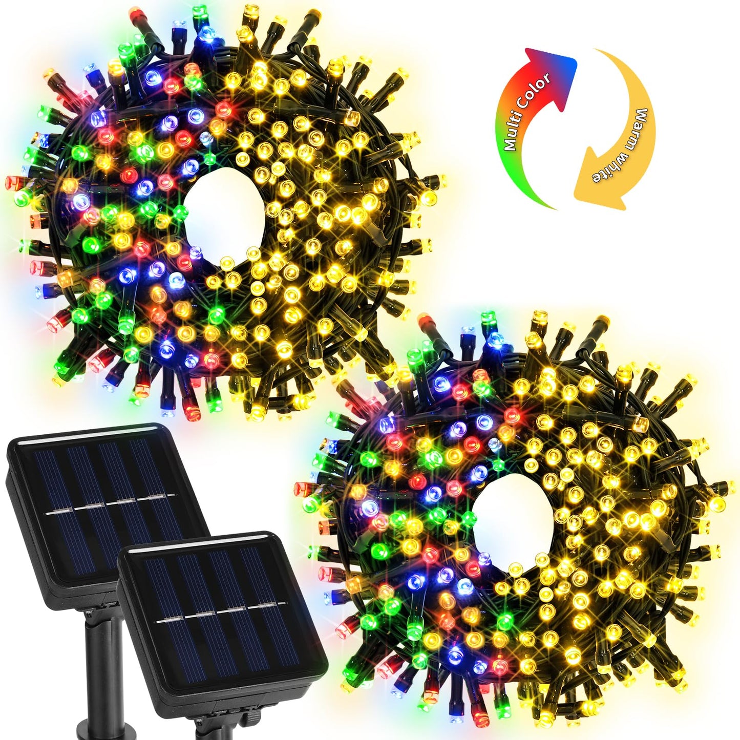 amadecohome 2 Pack 200 LED Solar String Lights, Waterproof, 100L, 8 Modes, Color-Changing, Model SL001