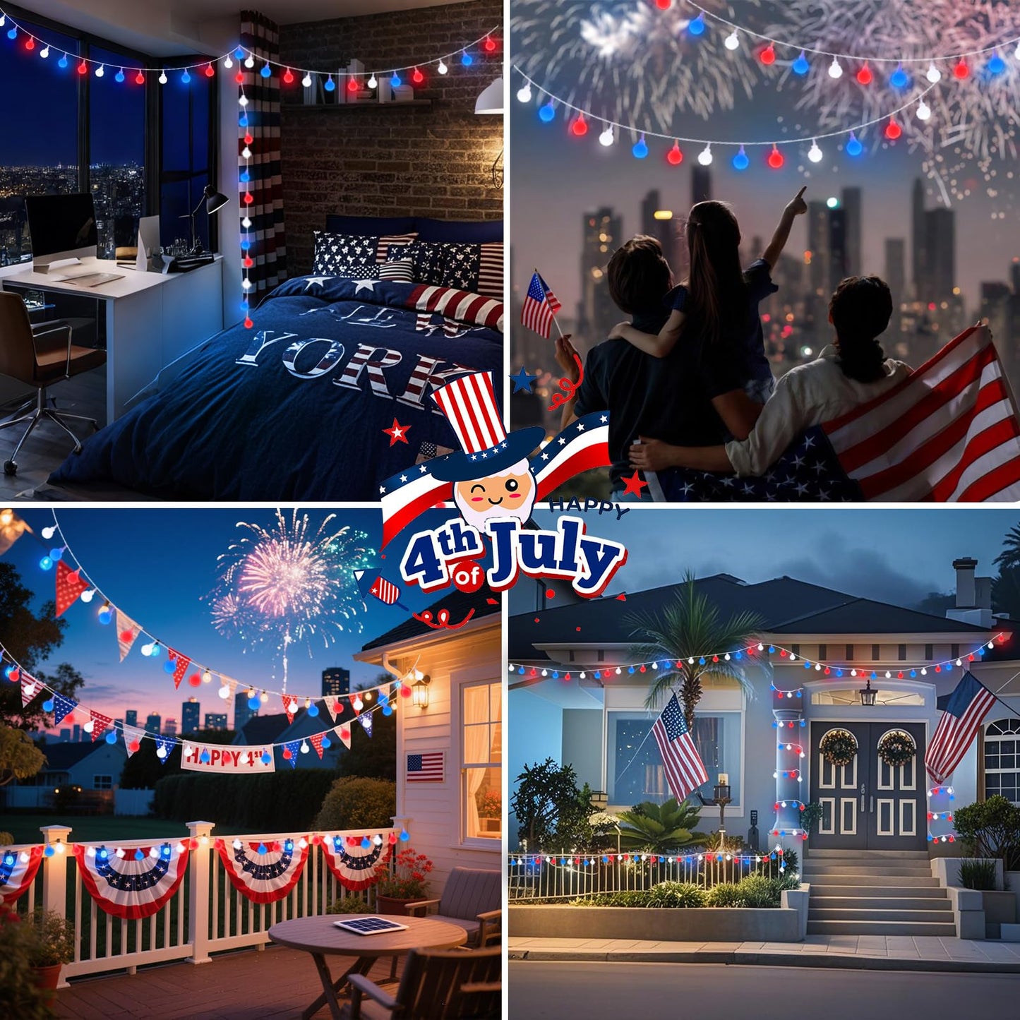LORRYTE Connectable String Lights 100 LED Waterproof 42FT Red White Blue, 13 Modes with Timer for Indoor Outdoor Use