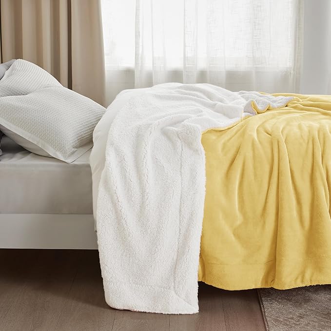 Bedsure GentleSoft Sherpa Fleece Blankets King Size for Bed - Thick and Warm, Soft Fuzzy Plush King Blanket for Winter, Yellow, 108x90 Inches