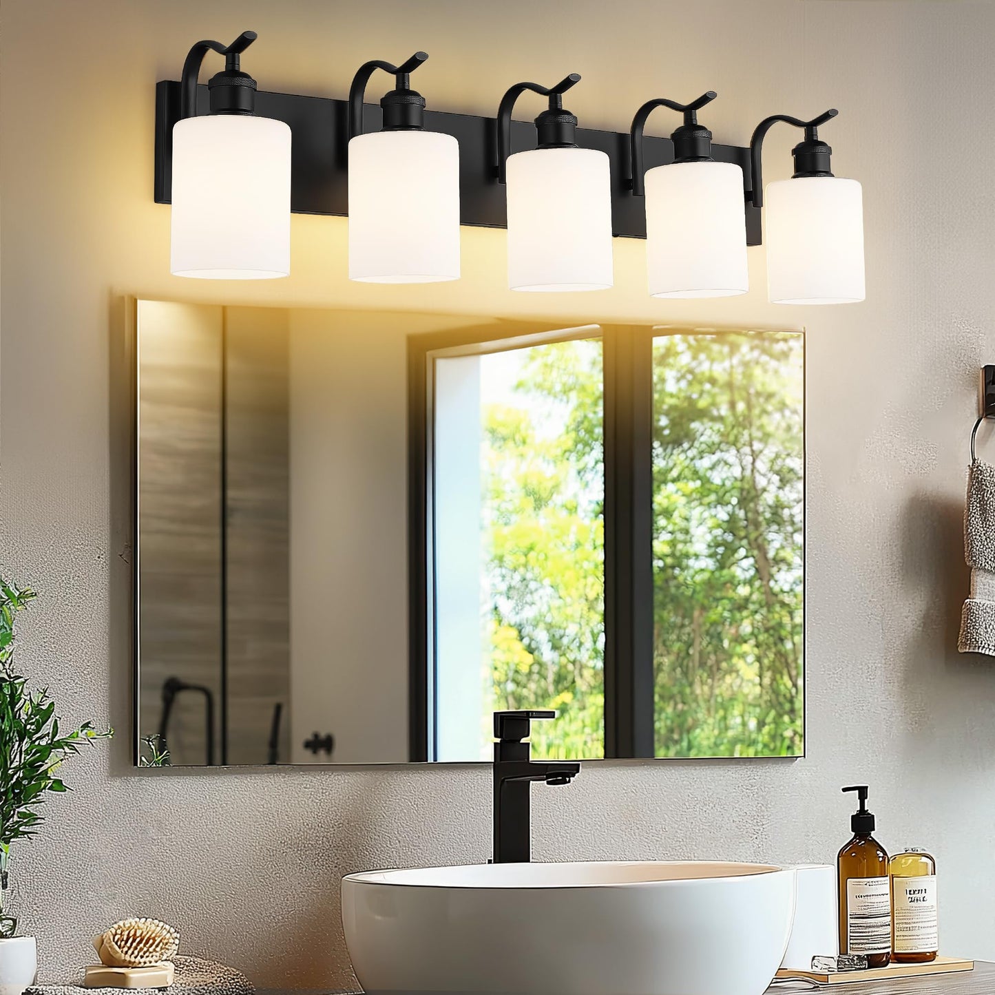 Jazava 5 Light Bathroom Vanity Light  Morden Black Vanity Light Bathroom Lighting Fixtures Over Mirror Black Wall Sconces With Milky White Frosted Shade Zcvl01Bkw-5