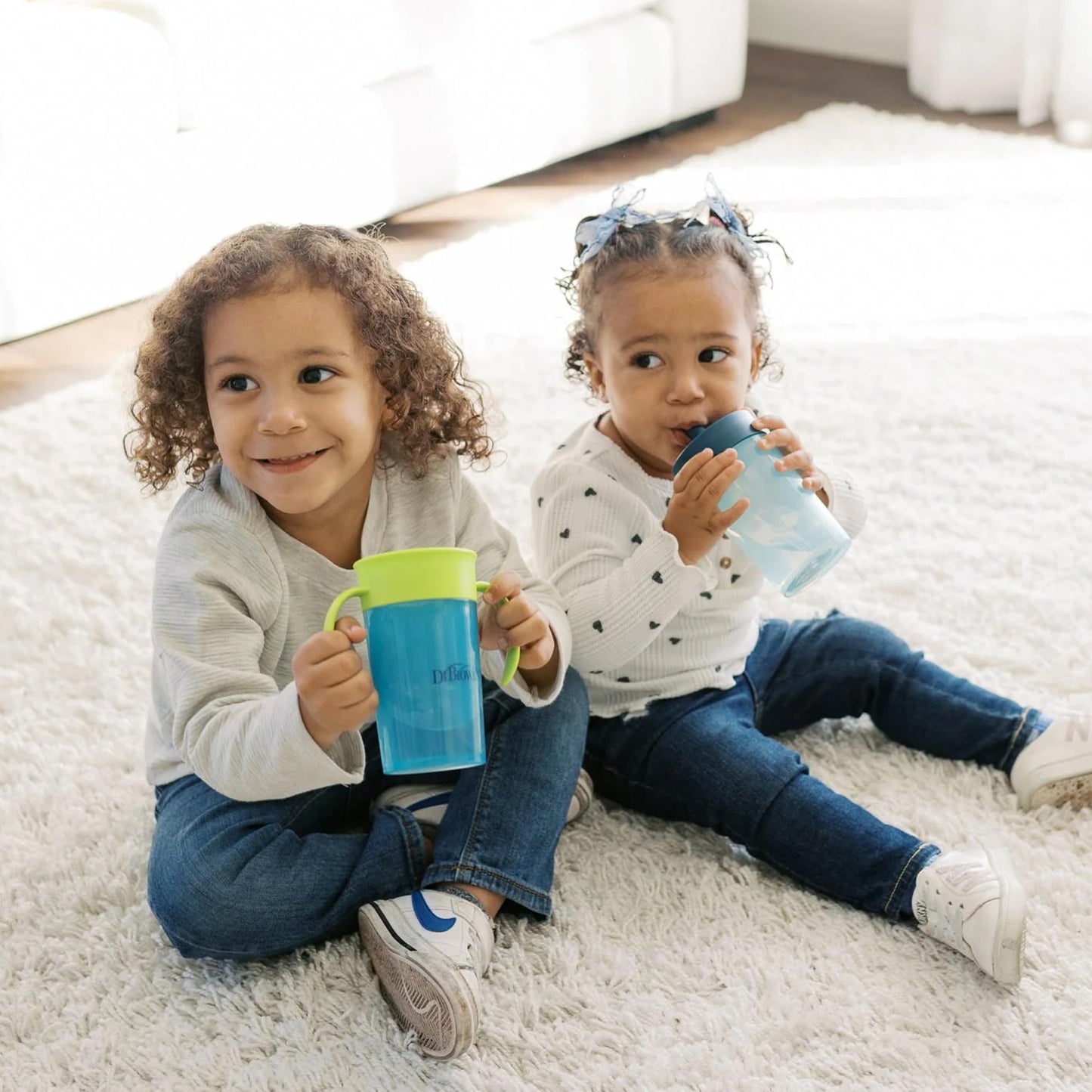 Dr. Brown's Milestones Straw to 360° Cup Set, Convertible Toddler Training Cup Set with Interchangeable Silicone Straw and 360 Degree Cup Lids, Blue Green, 10 oz/300 mL, BPA Free, 9m+, 2 Pack