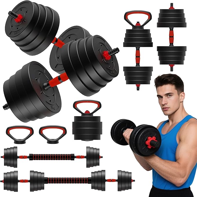 90 LB/75 LB/45 LB/25 LB Adjustable Dumbbells 4-in-1 Dumbbells Set Free Weight Set with Connector – Convert to Barbell, Ket...