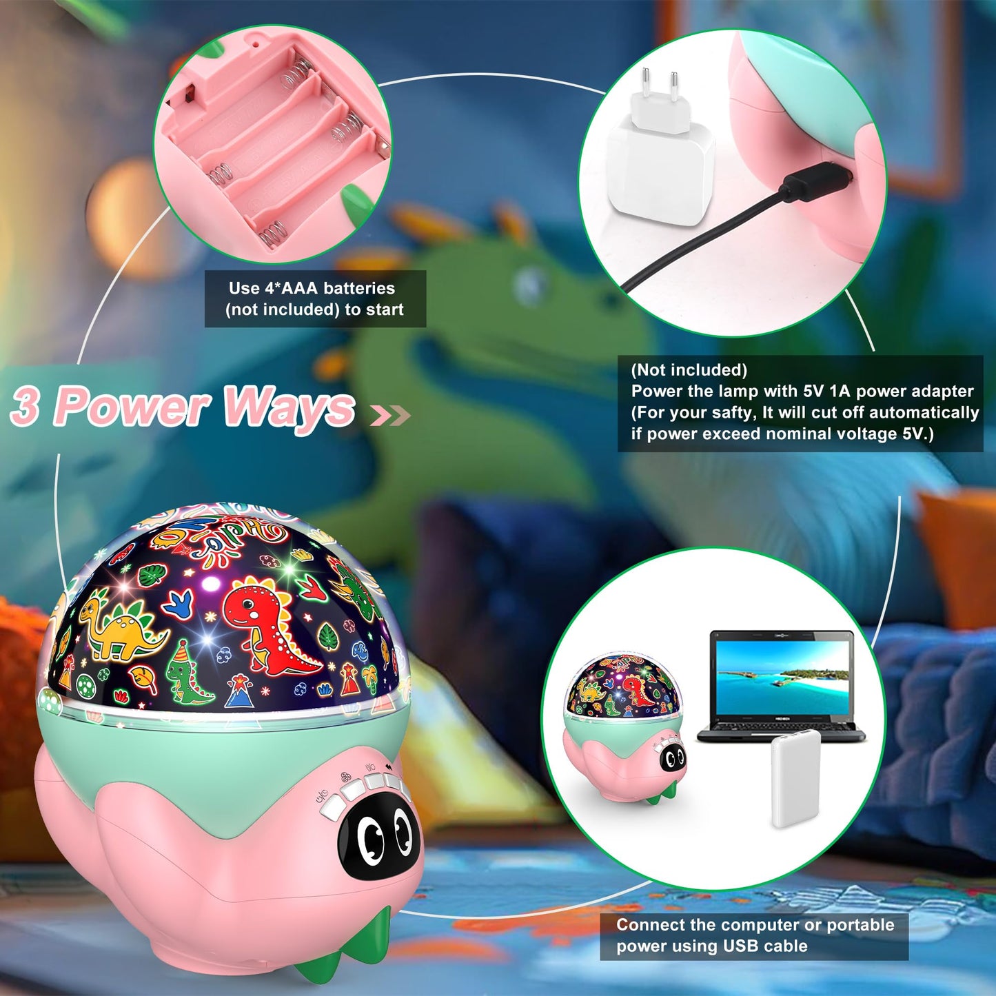 MOKOQI Dinosaur Night Light Projector, Remote Control, 10 Soothing Music, High Brightness, Pink2-Dino, Model 012-2309