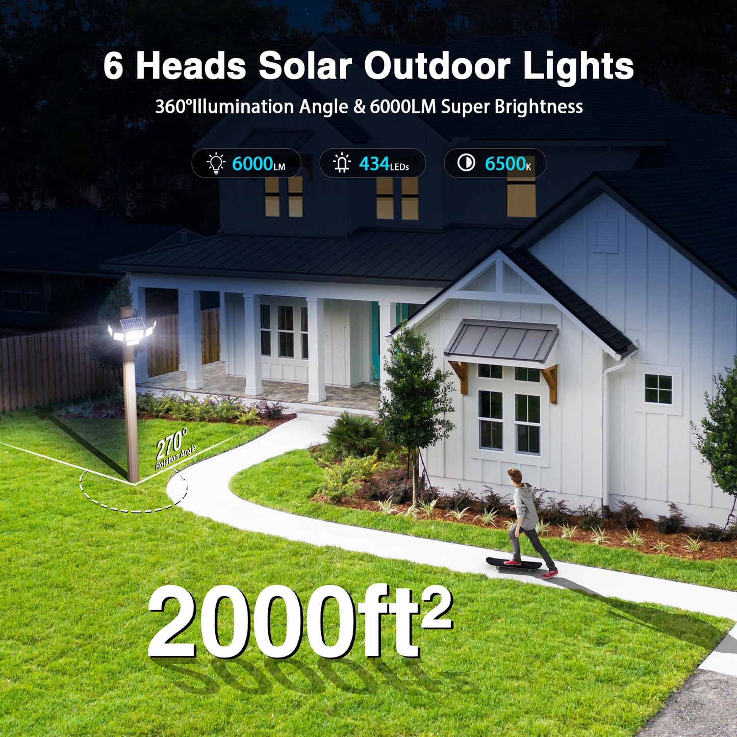 SZPOWER 6000LM Solar Flood Lights, 6 Heads with 2 Motion Sensors, Remote Control, Black, Model SZC10AS6-TY, 3 Pack
