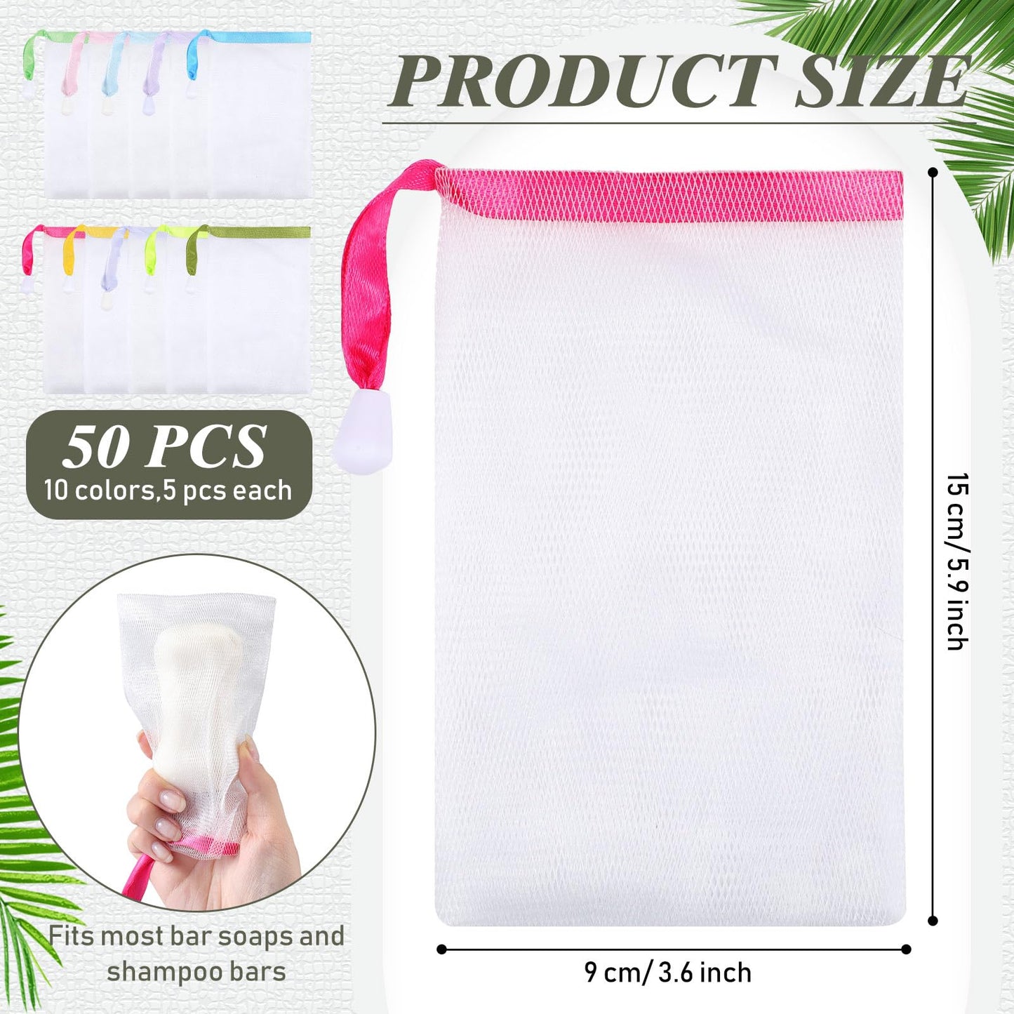Sunnyray 50 Pcs 10 Colors Soap Bag Soft Handmade Soap Bubble Mesh Bags Exfoliating Mesh Pouch with Drawstring for Foaming and Dr