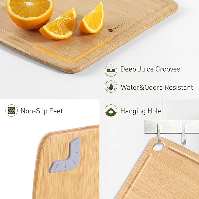 Lightweight Durable Bamboo Cutting Board Set with Non-Slip Feet, Wood Cutting Board for Busy Kitchen, Easy Clean Wooden Chopping Boards with Juice Groove Best House Warming Gift Set of 3 (S+M+L)